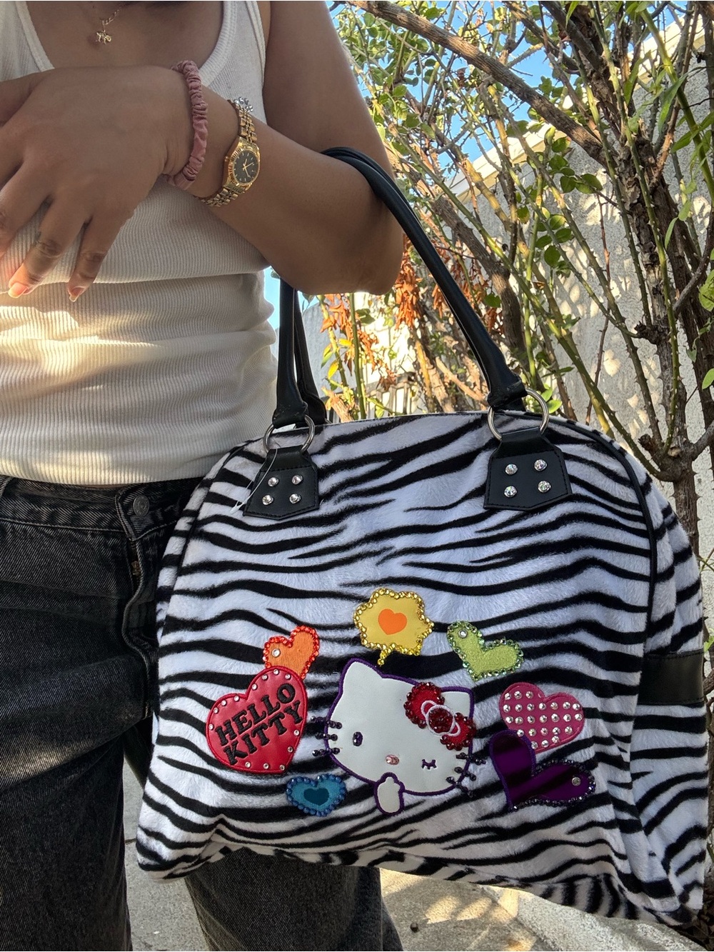 Hello Kitty Black and White Zebra-Print Satchel with Colorful Patch Accents